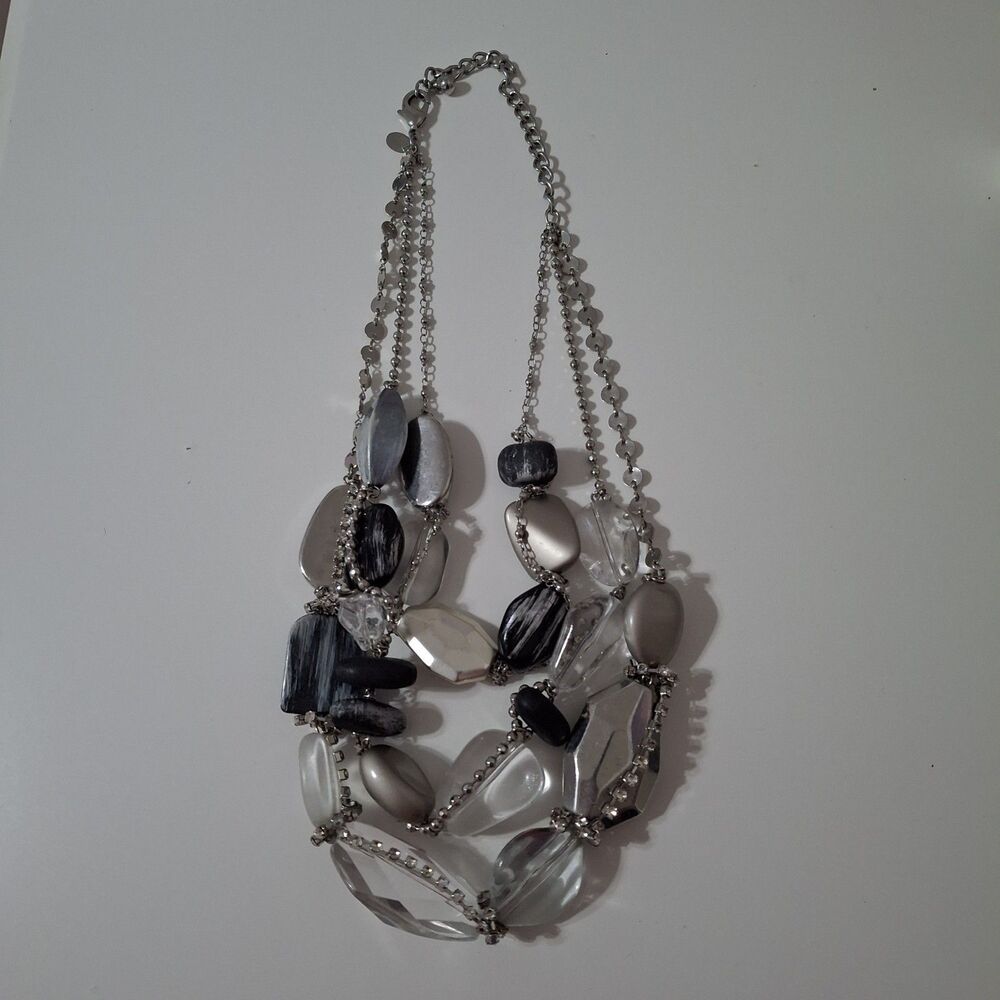 Chicos Silver Tone Clear Beaded Rhinestone Layered Chunky Statement Necklace